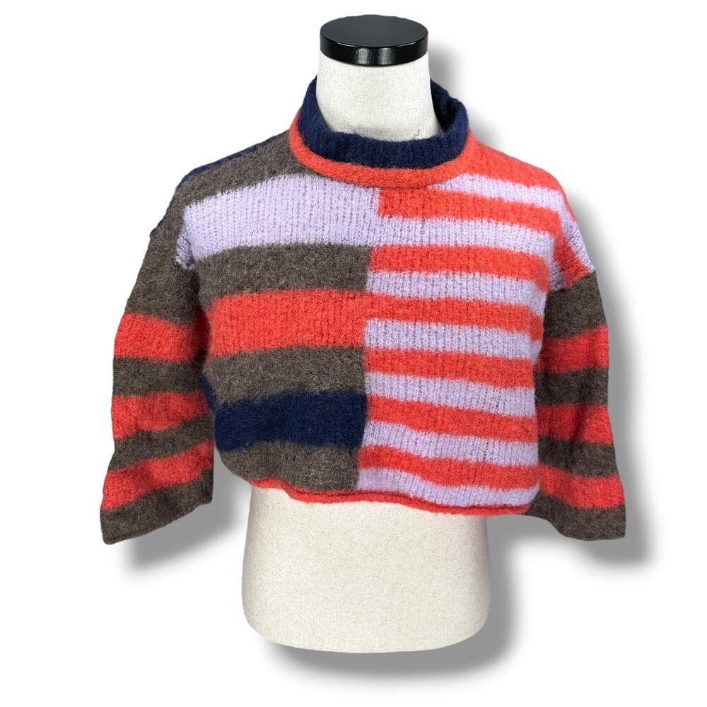Free People‎ Cropped Sweater Women’s Medium Multi Striped Alpaca Blend Pullover